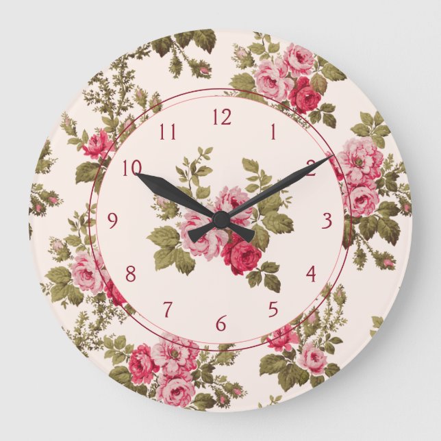 Elegant Vintage Pink Roses-Buff Background Large Clock (Front)