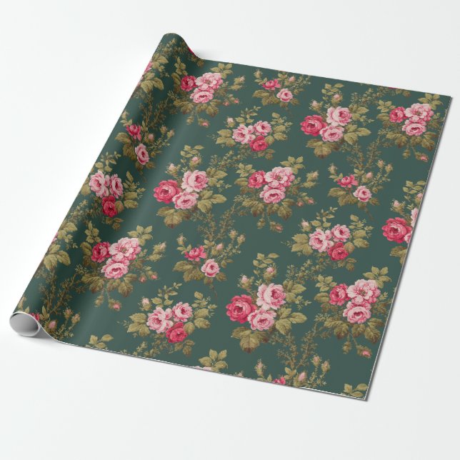 Elegant Vintage Pink Roses-Green Background Wrapping Paper (Unrolled)