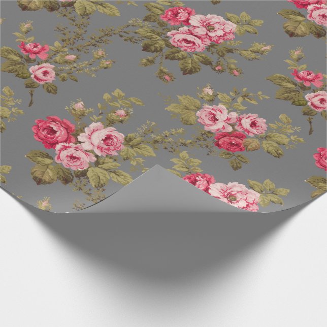 Elegant Vintage Pink Roses-Grey Background Wrapping Paper (Corner)