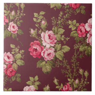 Elegant Vintage Pink Roses on Maroon Background Tile