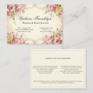 Elegant Vintage Pink Roses Wedding Event Planner Business Card