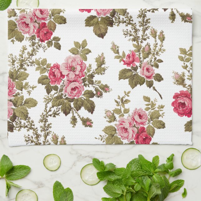 Elegant Vintage Pink Roses-White Background Kitchen Towel (Folded)