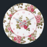 Elegant Vintage Pink Roses-White Background Large Clock<br><div class="desc">Gorgeous sprays of elegant romantic pink roses and lush green foliage on white background with optional centre floral graphic. Pattern is seamless and can be resized up or down using the scale   and - buttons in the design tool. Round elements and numbers are editable.</div>