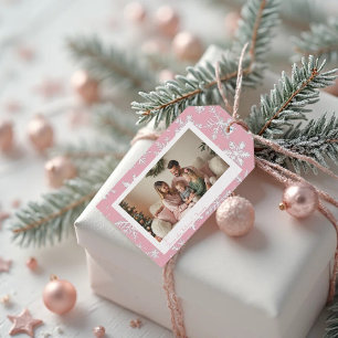 Elegant Vintage Pink Snowflakes Photo Holiday Gift Tags