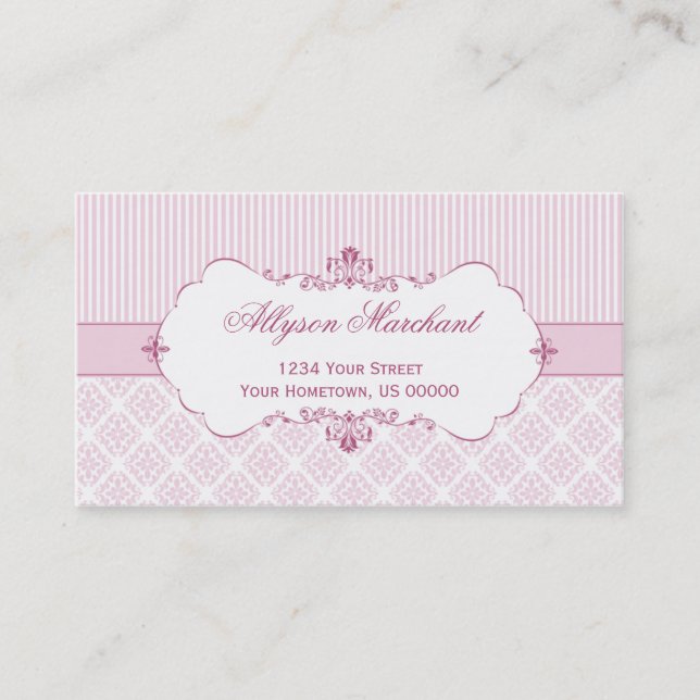 Elegant Vintage Pink White Damask Stripes Business Card (Front)