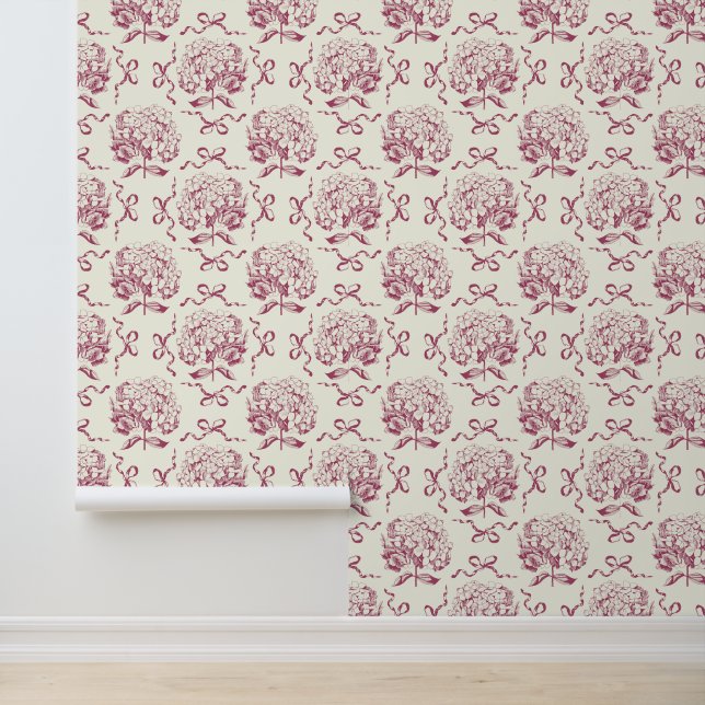 Elegant Vintage Pink White Hydrangea Bow Pattern Wallpaper (Application)