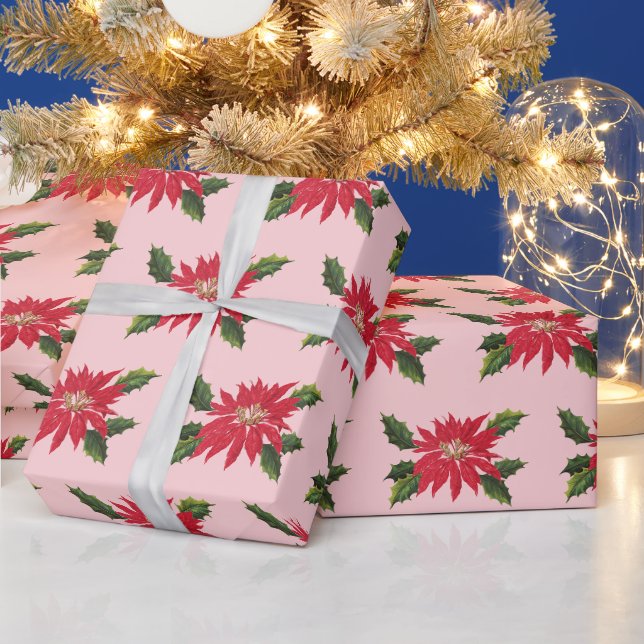 Elegant Vintage Poinsettia Christmas Flowers Pink Wrapping Paper (Holidays)