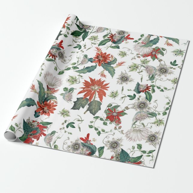 Elegant Vintage Poinsettia Christmas Flowers Wrapping Paper (Unrolled)
