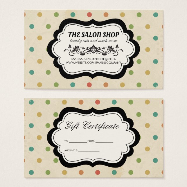Elegant Vintage Polka Dot Gift Certificate II (Front & Back)