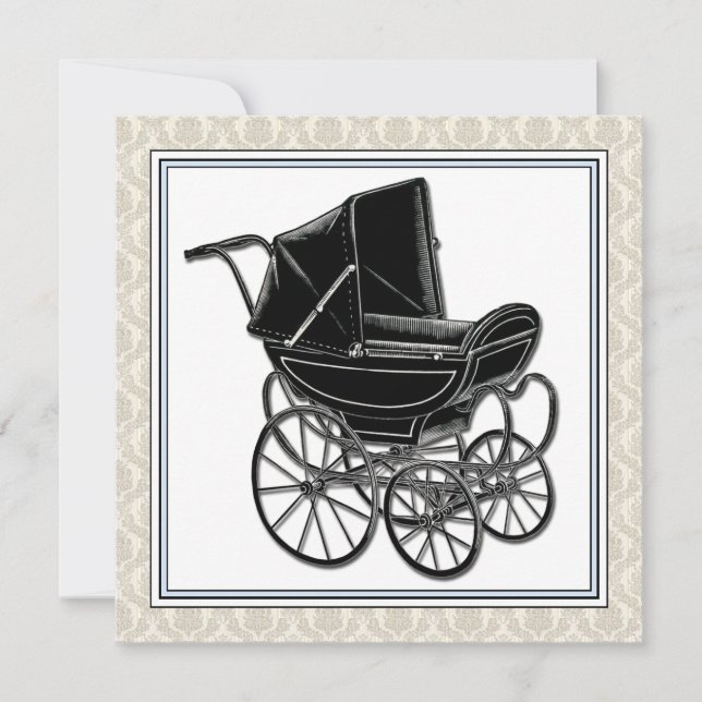 Elegant Vintage Pram Beige Damask Baby Shower Invitation (Front)