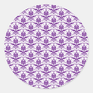 Elegant Vintage Purple and White Damask Pattern Classic Round Sticker