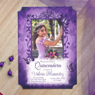 Elegant Vintage Purple Butterfly Quinceanera Invitation