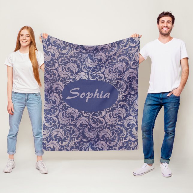 Elegant Vintage Purple Damask Pattern Fleece Blanket (In Situ)