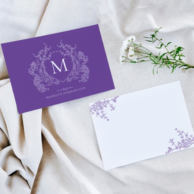 Elegant Vintage Purple Floral Crest Monogram Card (Creator Uploaded)