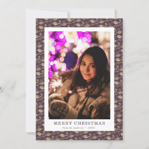 Elegant Vintage Purple Gold Holly Photo Christmas Holiday Card