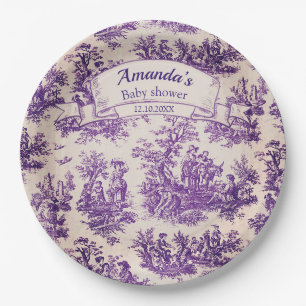 Elegant vintage purple toile de jouy monogram paper plate