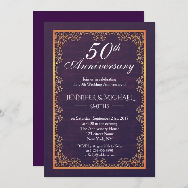 Elegant Vintage Purple Wedding Anniversary Invite (Front/Back)
