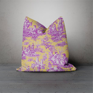 Elegant vintage purple yellow toile de jouy throw pillow