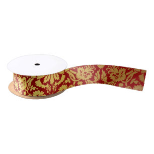 Elegant Vintage Red and Gold Royal Damask Pattern Satin Ribbon