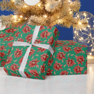 Elegant Vintage Red Christmas Cactus Flowers Green Wrapping Paper