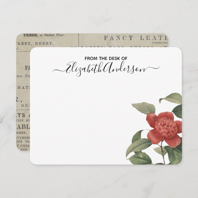 Elegant Vintage Red Floral Flat Note Card (Front/Back)