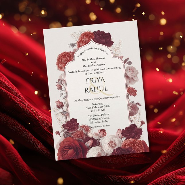 Elegant Vintage Red Floral Indian Wedding Invitation (Indian wedding invitation with the indian arch and red flowers)
