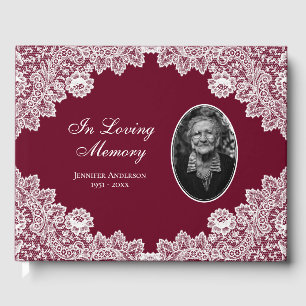 Elegant Vintage Red Floral Lace Funeral Photo Guest Book