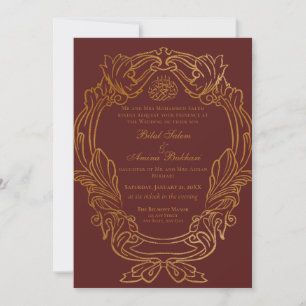 Elegant Vintage Red Gold Frame Islamic Wedding Invitation