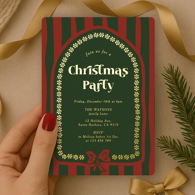 Elegant Vintage Red Green Christmas Dinner Party (Elegant gold foil Christmas Party Invitation with stripe background in red and green)