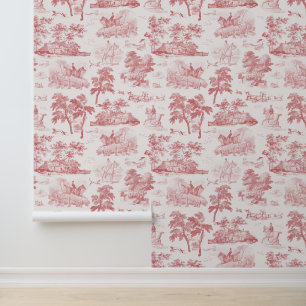 Elegant Vintage Red Horse Hunting Toile Wallpaper
