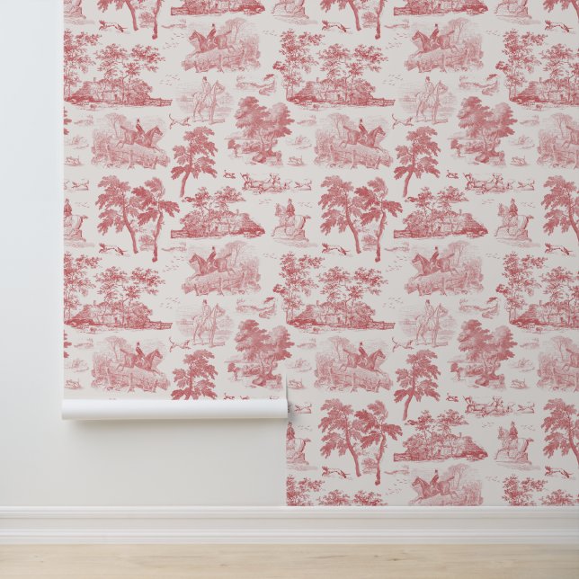 Elegant Vintage Red Horse Hunting Toile Wallpaper (Application)