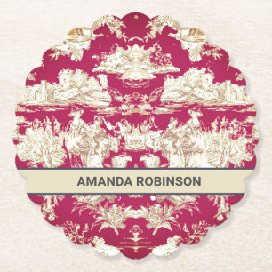Elegant vintage red lake toile de jouy monogram paper coaster
