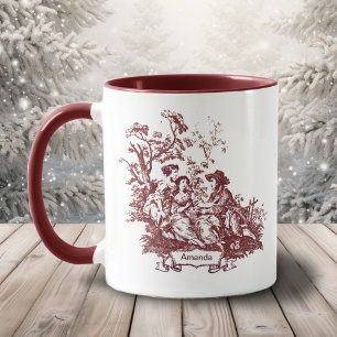 Elegant Vintage Red Monogram Toile de Jouy Mug
