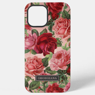 Elegant Vintage Red Pink Rose Floral Custom Name iPhone 12 Pro Max Case