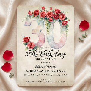 Elegant Vintage Red Rose Watercolor 30th Birthday Invitation