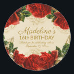 Elegant Vintage Red Roses 16th Birthday   Classic Round Sticker<br><div class="desc">Envelope seal or gift/favour stickers designed with elegant, vintage red roses and greenery on a champagne/tan-coloured background. Personalized for a teen girl's 16th birthday party. Includes her name, party date, and "Thank you for celebrating with us." Text is fully customizable, so this sticker can be designed for any occasion and...</div>