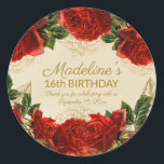 Elegant Vintage Red Roses 16th Birthday   Classic Round Sticker<br><div class="desc">Envelope seal or gift/favour stickers designed with elegant, vintage red roses and greenery on a champagne/tan-coloured background. Personalized for a teen girl's 16th birthday party. Includes her name, party date, and "Thank you for celebrating with us." Text is fully customizable, so this sticker can be designed for any occasion and...</div>