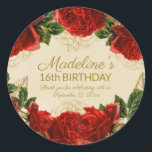 Elegant Vintage Red Roses 16th Birthday   Classic Round Sticker<br><div class="desc">Envelope seal or gift/favour stickers designed with elegant, vintage red roses and greenery on a champagne/tan-coloured background. Personalized for a teen girl's 16th birthday party. Includes her name, party date, and "Thank you for celebrating with us." Text is fully customizable, so this sticker can be designed for any occasion and...</div>