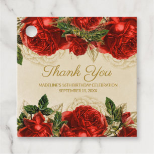 Elegant Vintage Red Roses 16th Birthday Thank You  Favour Tags