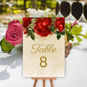 Elegant Vintage Red Roses Champagne Table 8 Table Number