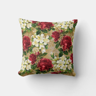 Elegant Vintage Red Roses White Floral Brown Throw Pillow