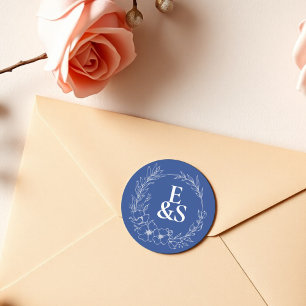 Elegant Vintage Romance Blue Monogram Wedding Classic Round Sticker