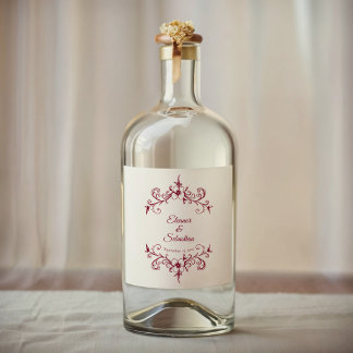 Elegant Vintage Romance Burgundy Floral Wedding Liquor Bottle Label