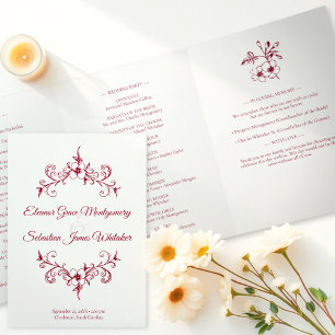 Elegant Vintage Romance Burgundy Floral Wedding Tri-Fold Programme