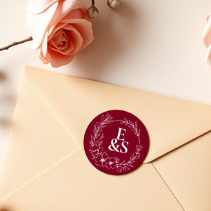 Elegant Vintage Romance Burgundy Monogram Wedding Classic Round Sticker