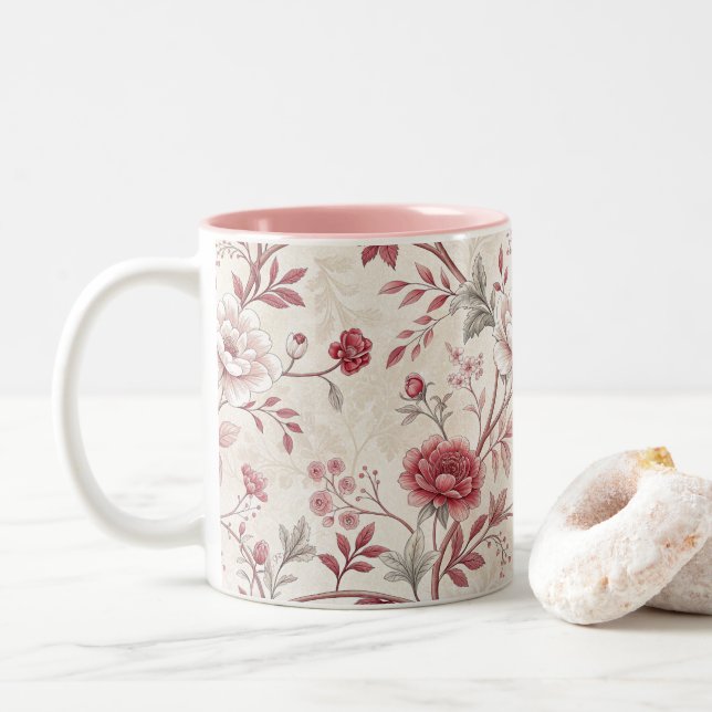 Elegant Vintage Rose Floral Pattern Coffee Mug (With Donut)
