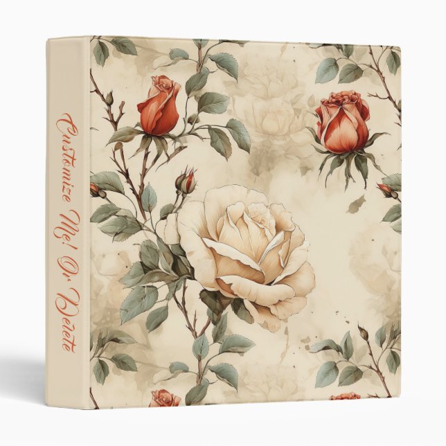 Elegant Vintage Rose Flower Beige Floral Binder (Front/Spine)