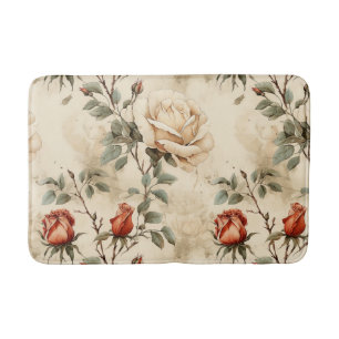 Elegant Vintage Rose Flower Beige Floral Design Bath Mat