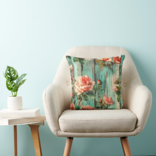 Elegant Vintage Rose on Turquoise Wood Texture Throw Pillow