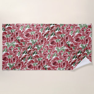 Elegant Vintage Rose Pattern - Red & Green Floral  Beach Towel
